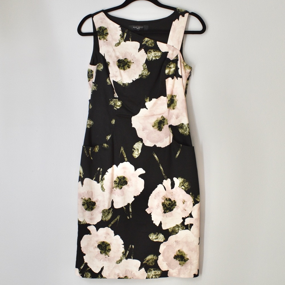 Nine West Floral Sheath Dress Black Pink Size 4